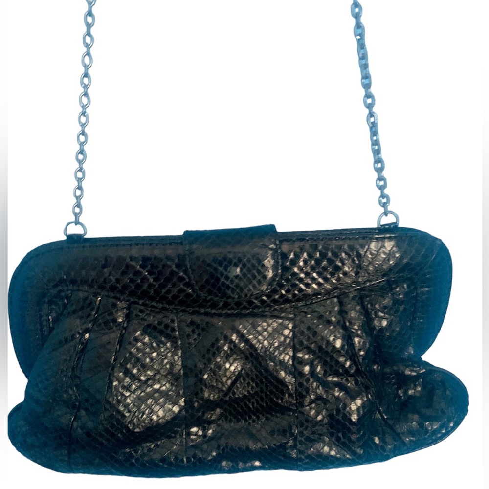Vintage Saks Fifth Avenue Black Snakeskin Handbag Purse Long Silver Chain Strap